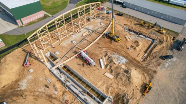 Aircraft hangar aerial photo, showcasing footprint of project.