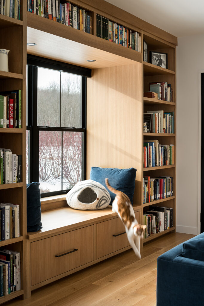 custom design cabinetry with a window seat, pull drawers, and bookshelves