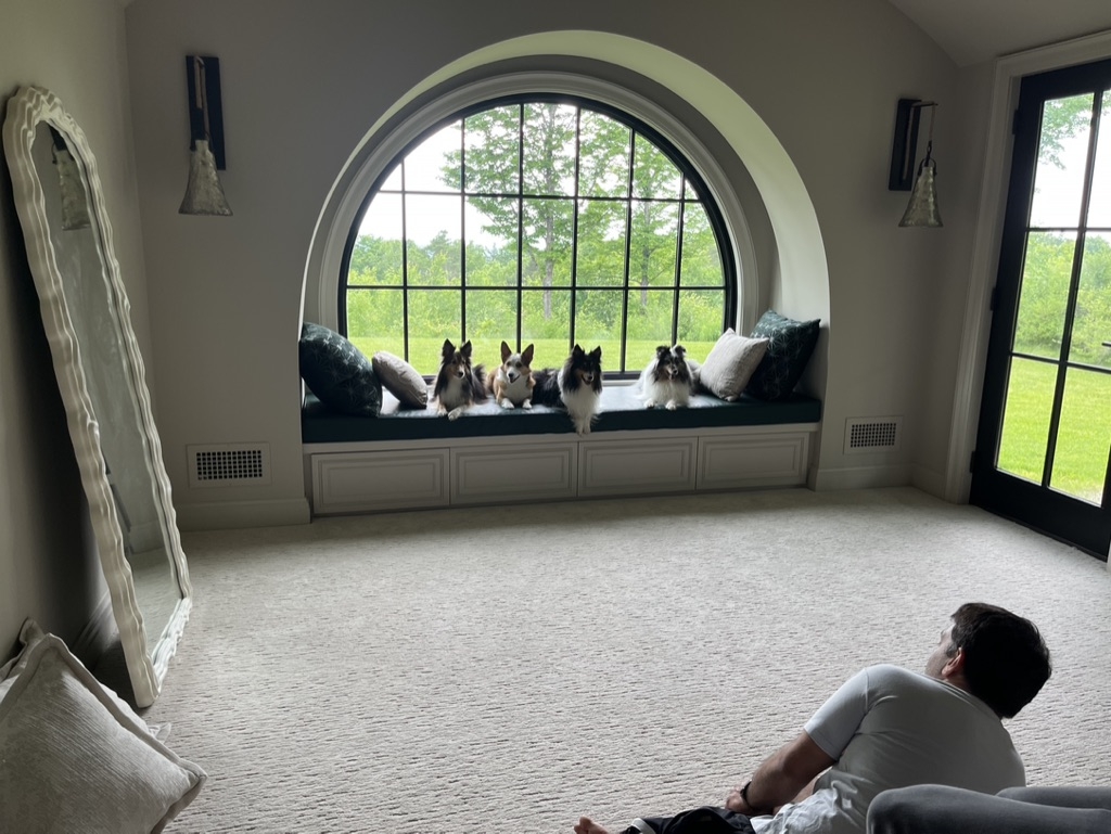 Four dogs posed in a built-in window nook underneath an arched window. A photographer laying on the ground to show a behind the scenes look on capturing construction details in a project photoshoot sharing the homeowners' lifestyle. 