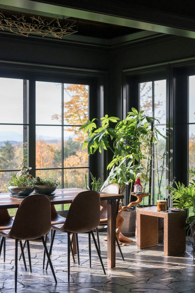 A scouting image of an interior dining space looking with afternoon light illuminating a dining table shining through floor to ceiling window paneled doors surrounded by plants. This reveals the construction details of a home renovation by Silver Maple.