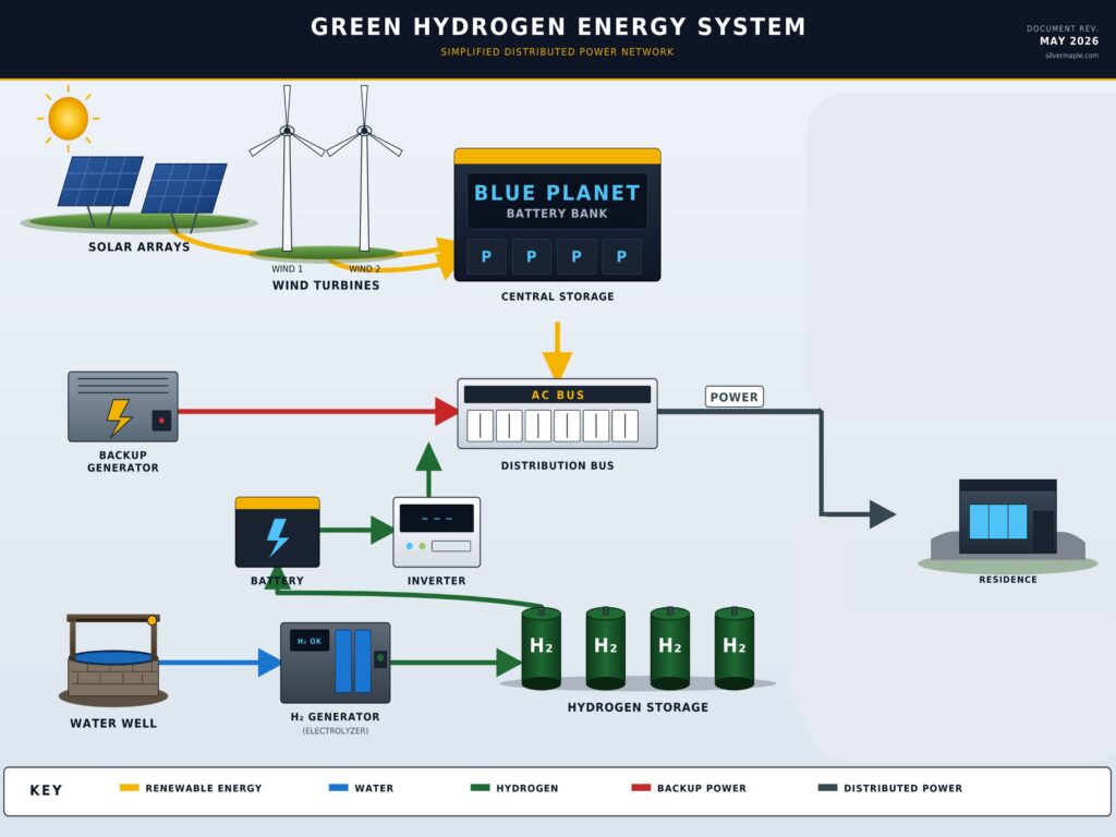 A simplified graphic showing an example of a renewable energy project being built by Silver Maple using green hydrogen. 