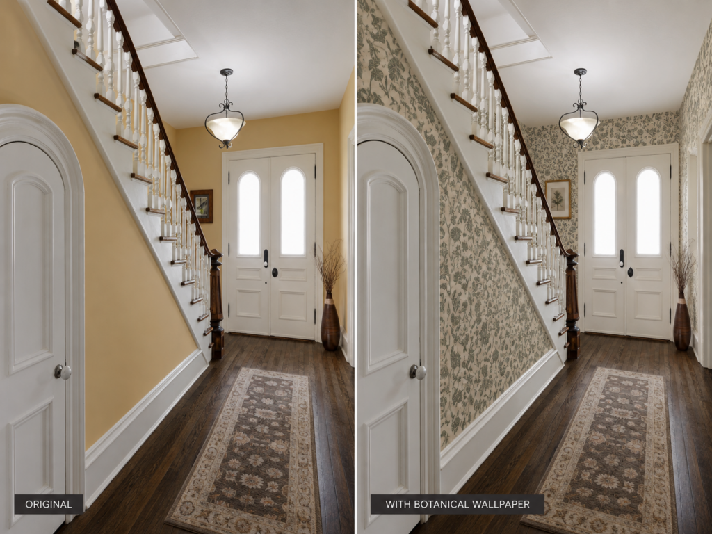 A side by side image of an original home renovation project by Silver Maple builders in Vermont. The right image uses AI to visualize how a botanical wallpaper could look applied to the entryway of this Silver Maple project. The wallpaper is a conceptual addition and was not part of the original project.
