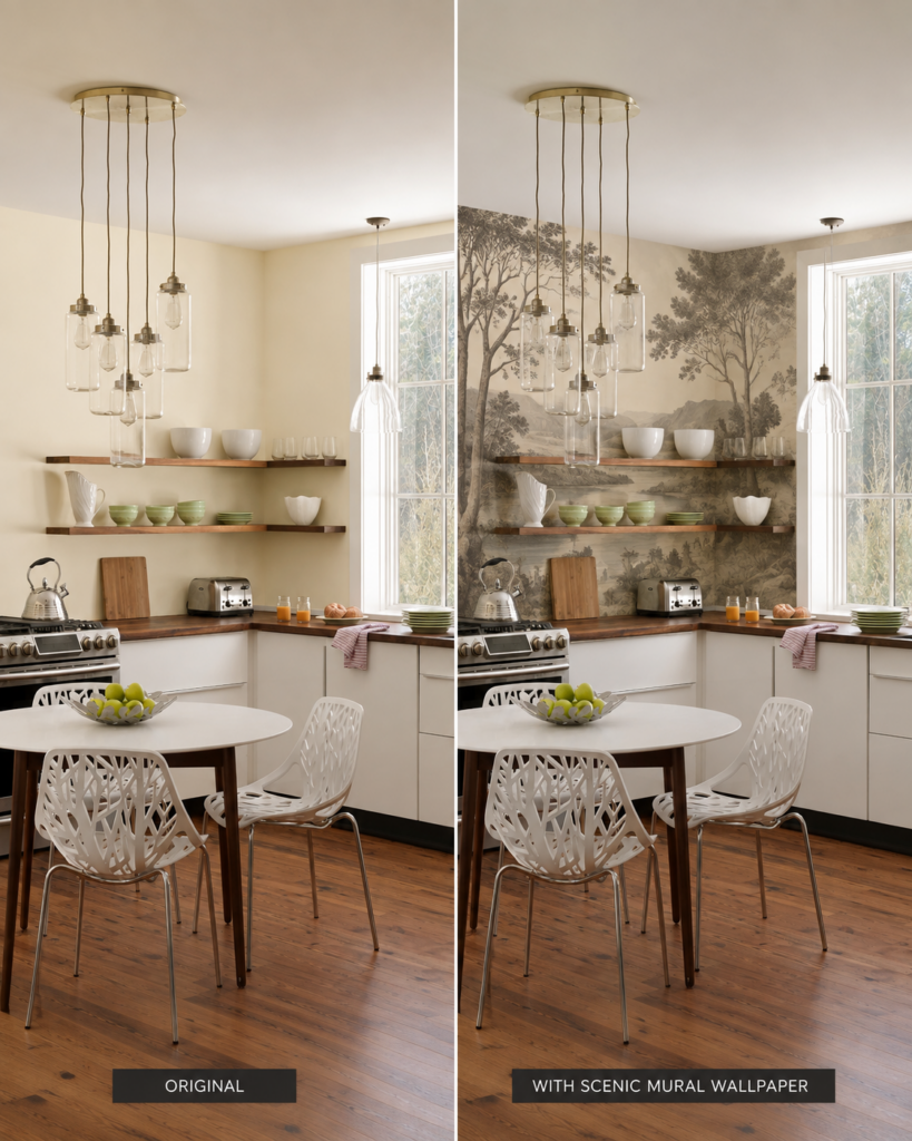 A side by side comparison of the difference subtle wallpaper art can make in a home. A neutral toned modern kitchen renovation by Silver Maple on the left. The right image uses AI to visualize how a scenic mural wallpaper could look in this Silver Maple project. The wallpaper is a conceptual addition and was not part of the original project.