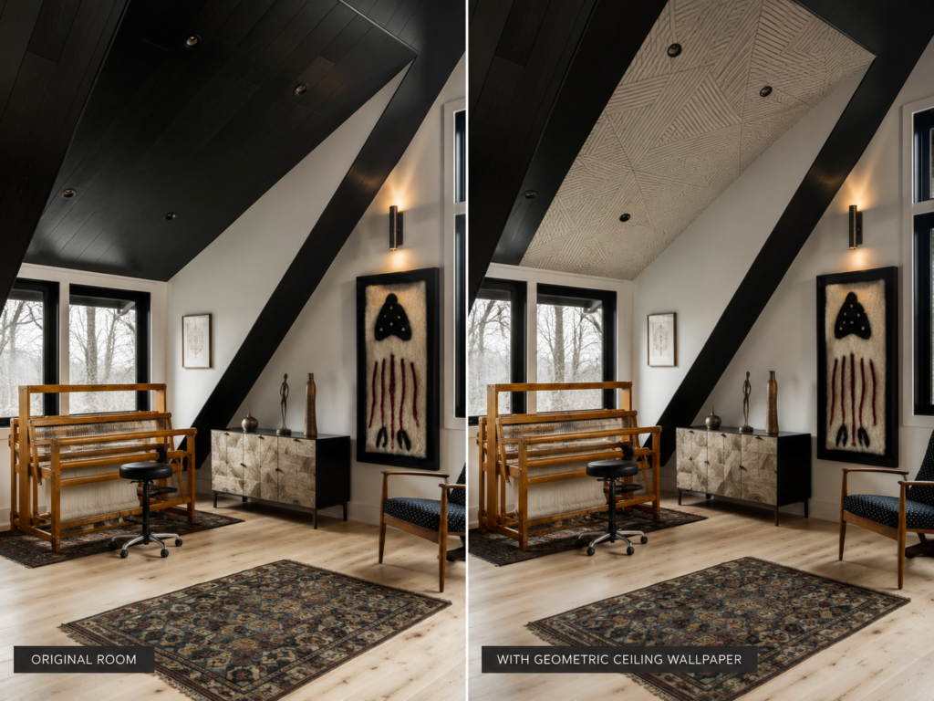 A side by side photo from a home renovation with the original on the left with dark neutral tones. The right image uses AI to visualize a geometric wallpaper design applied to the ceiling. The wallpaper is a conceptual design and was not part of the original Silver Maple project.