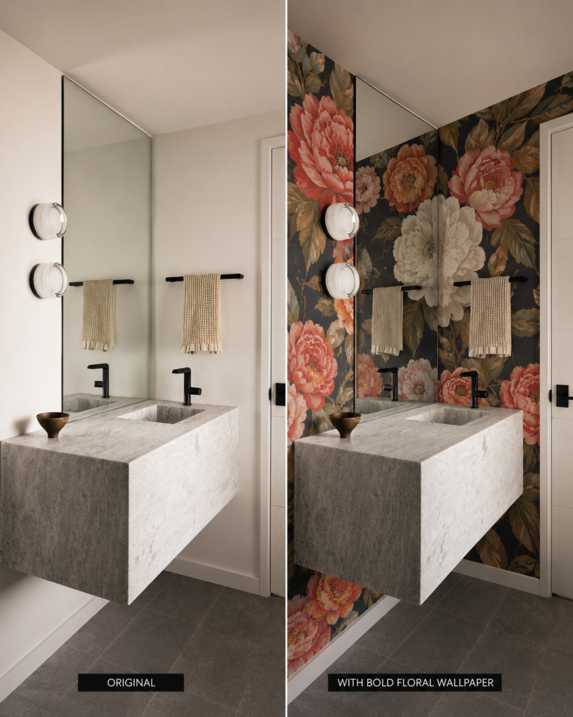 A side by side comparison of a neutral grey modern renovated powder room with an AI-generated visualization to illustrate how a large-scale floral wallpaper design can transform a small powder room. The original Silver Maple project is shown at left; the wallpaper application at right is a conceptual design and was not part of the completed project.